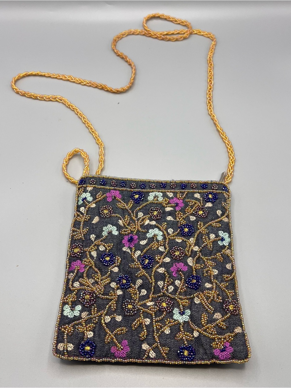 1980's Vintage Bag floral Embellished Embroidered Beaded Purse Mauve blue denim